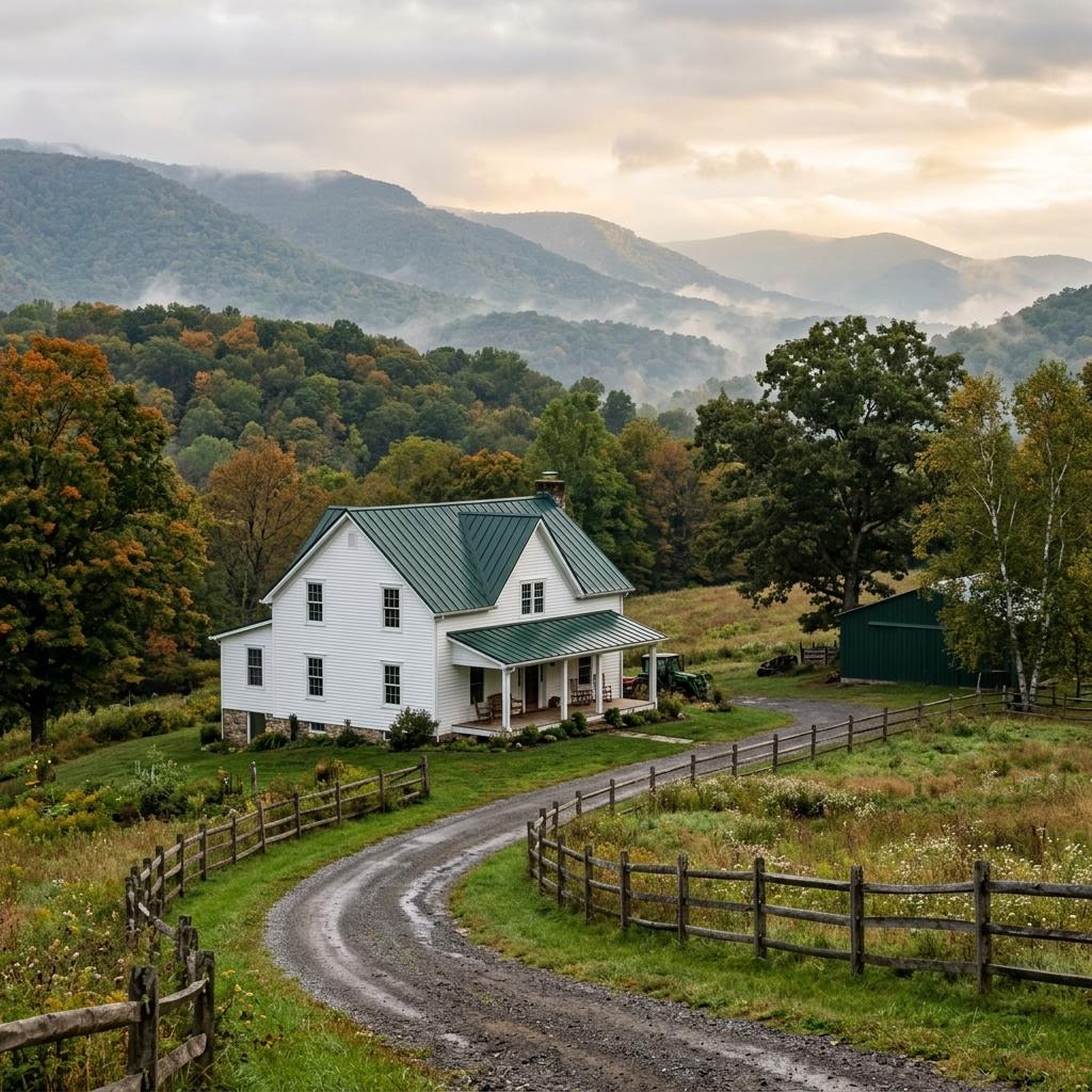 Forest green standing seam metal roof on a hillside farmhouse in Monongalia County