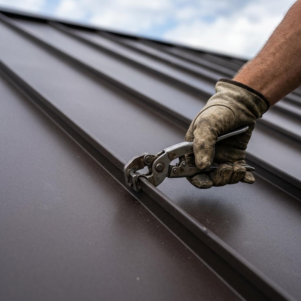 Close-up of concealed fastener standing seam panels being hand seamed