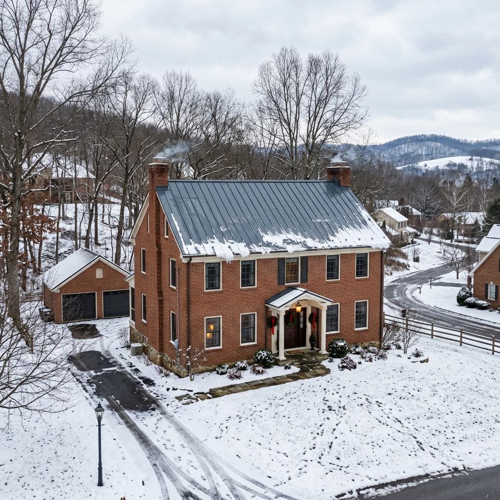 Snow shedding off a standing seam metal roof on a brick colonial in West Virginia