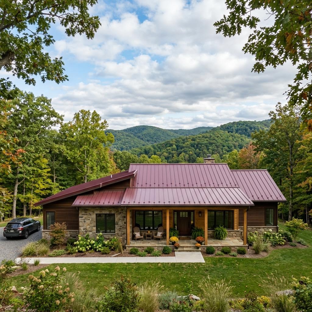 Burgundy exposed fastener metal panel roof on a ranch home in the Appalachian foothills