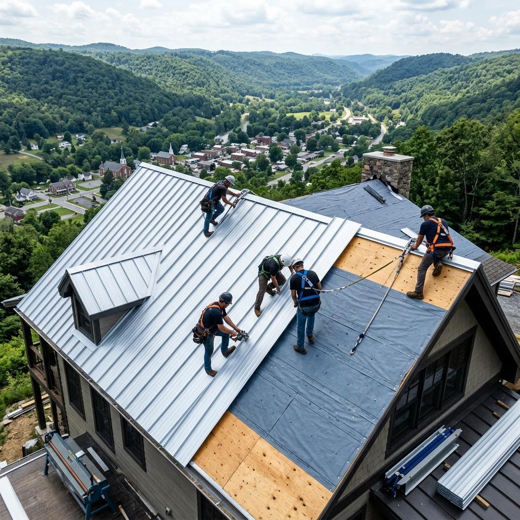 Roofing crew installing Galvalume standing seam panels on a steep roof near Fairmont WV